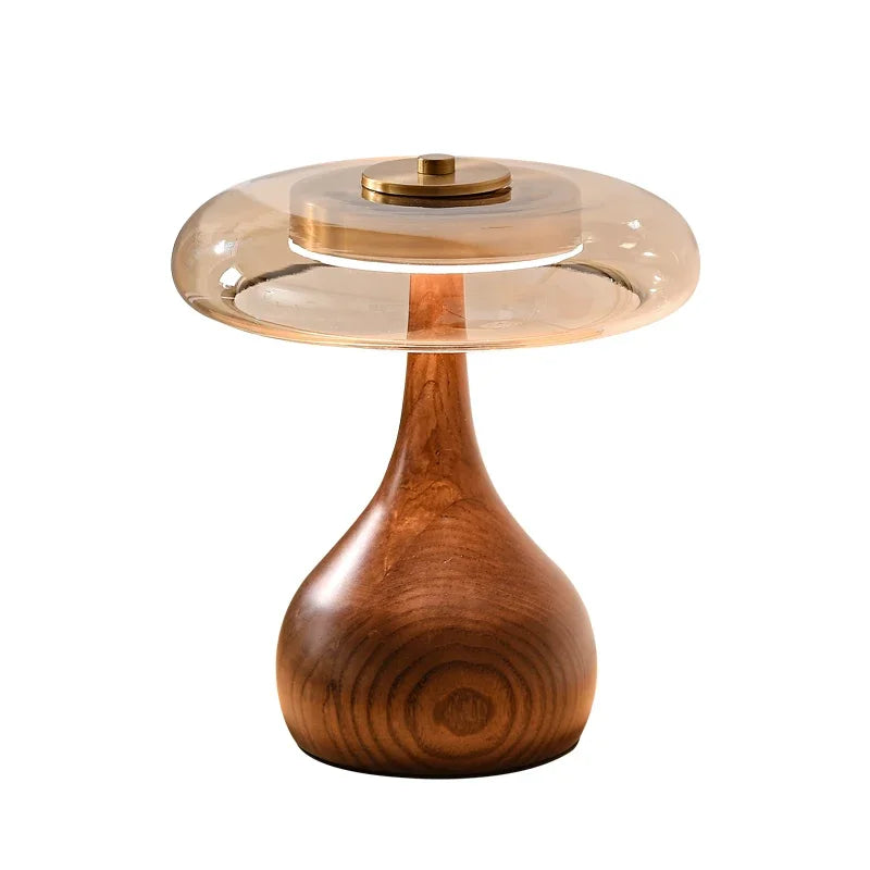 Nordic Retro Tischlampe mit Holzfuß & Glaskuppel