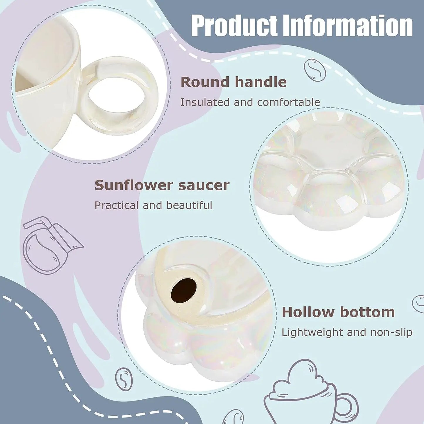 Sonnenblumen-Kaffeebecher-Set im Macaroon-Design - Keramiktassen mit Untertassen in Rosa & Perlweiß
