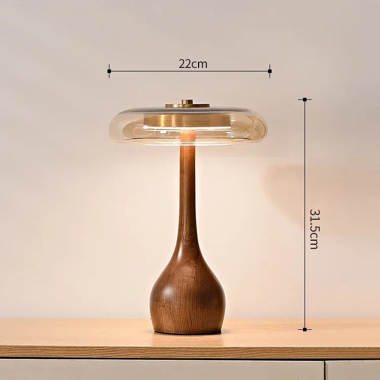 Nordic Retro Tischlampe mit Holzfuß & Glaskuppel