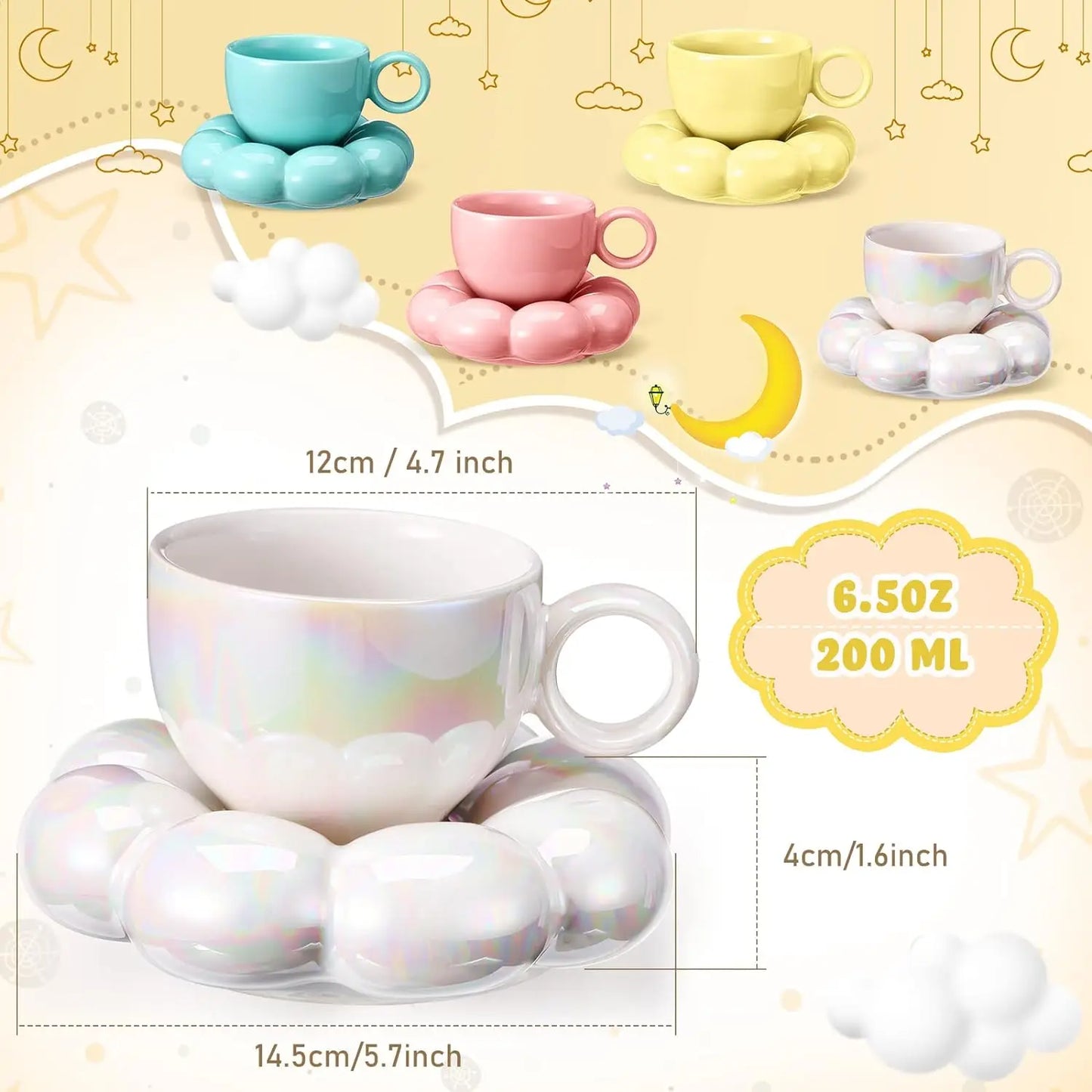 Sonnenblumen-Kaffeebecher-Set im Macaroon-Design - Keramiktassen mit Untertassen in Rosa & Perlweiß